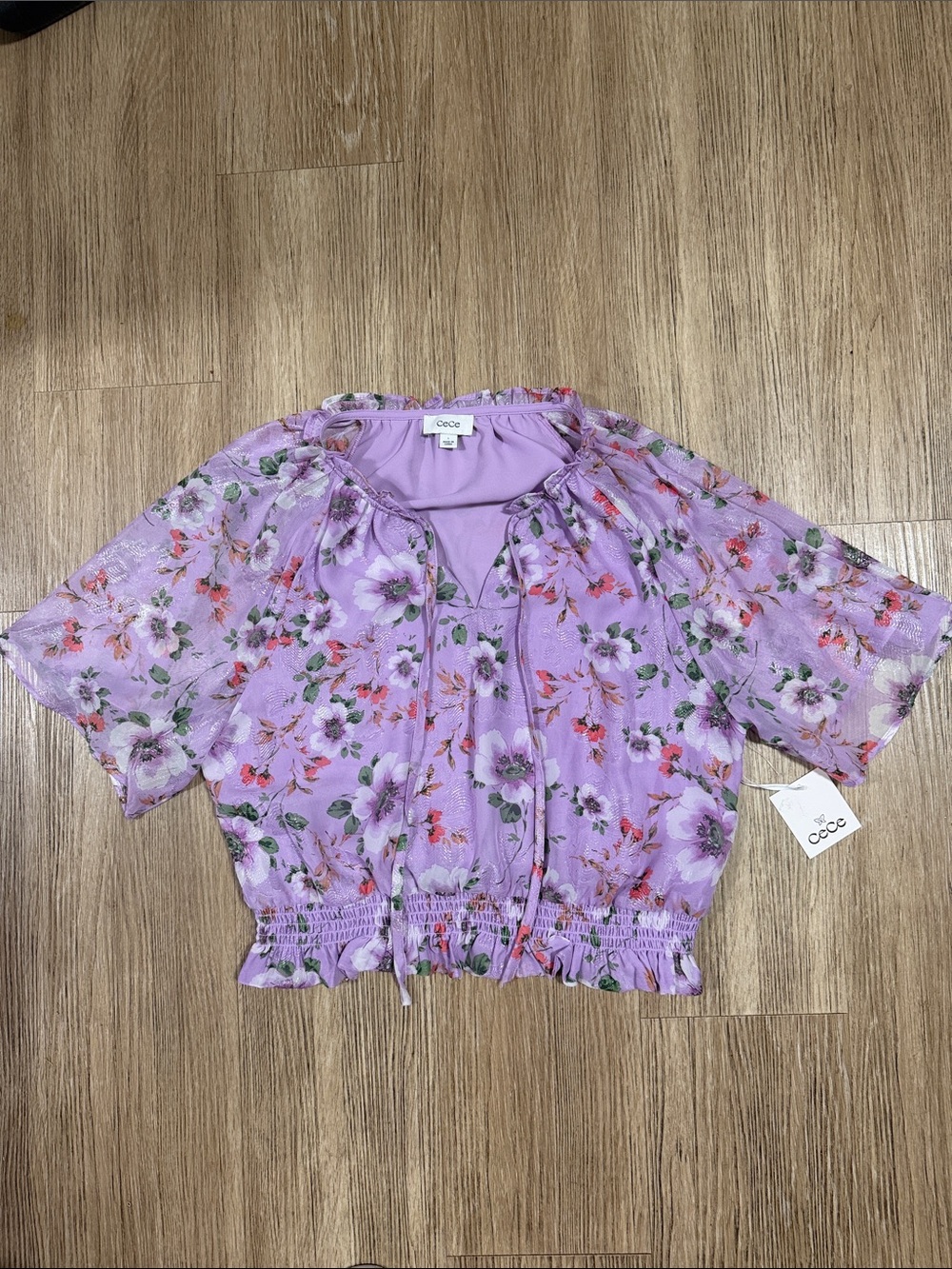 CeCe Lavender Floral Peasant Tie-Front Blouse L